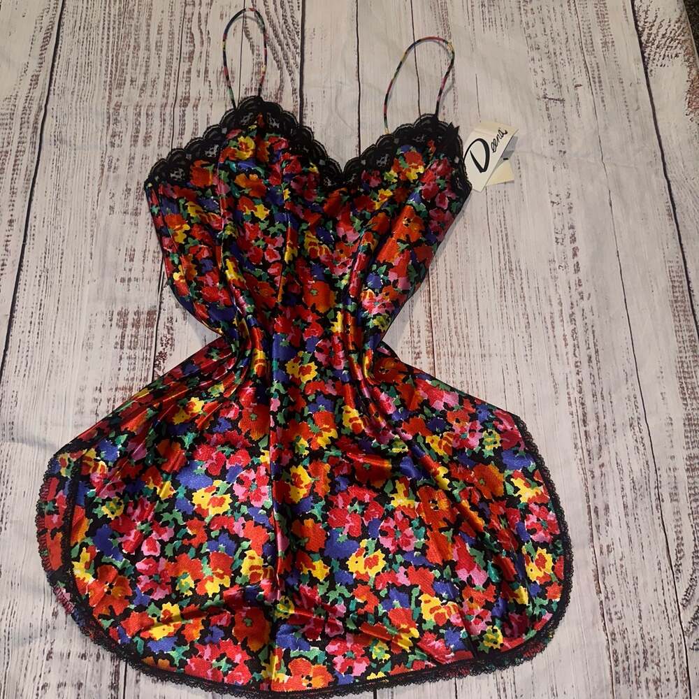 Deena Vintage Floral Satin Chemise Lingerie with Lace Trim-L